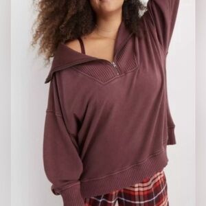 AERIE Down To Earth 1/4 Zip Oversized Sweatshirt Ribbed Wide Funnel Collar XS